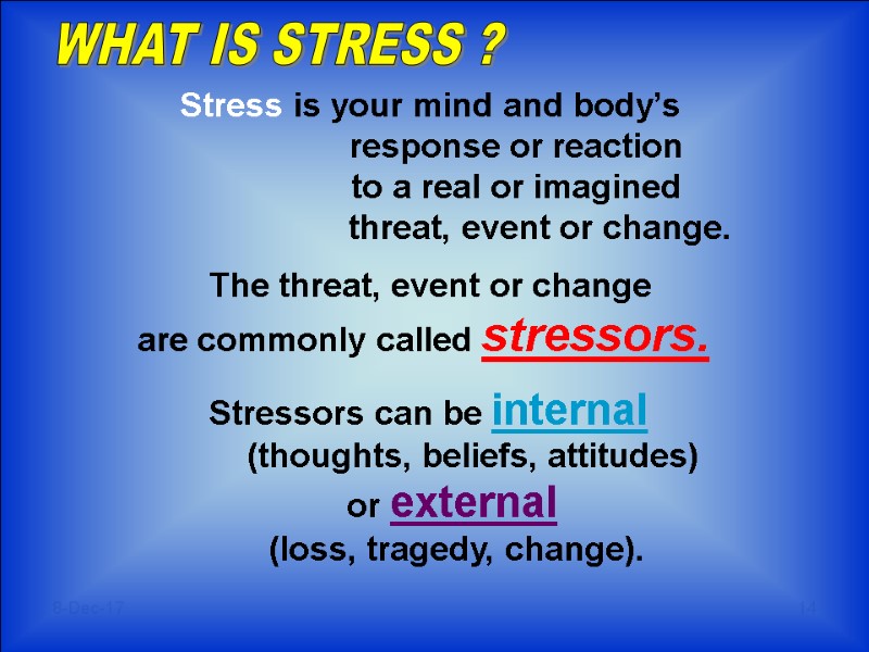 8-Dec-17 14  Stress is your mind and body’s    response or